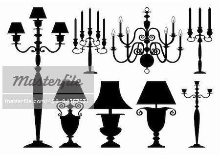 Lighting set, black silhouettes of antique candelabras and lamps on white background