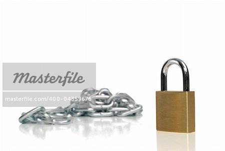 Padlock and chains isolated on white background.