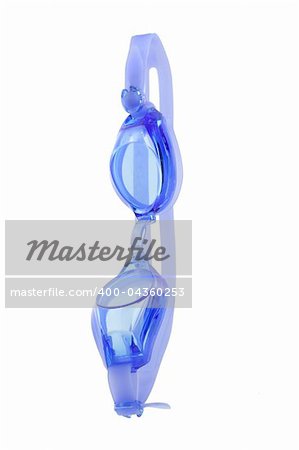 Suspended blue swimming goggles on white background