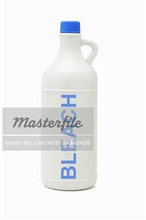 Plastic bottle of household bleach on white background