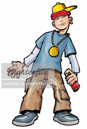 Cartoon kid with spray can and a baseball cap. Isolated on white
