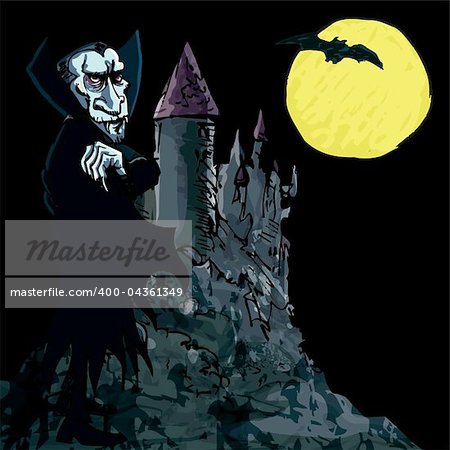 Cartoon Vampire with a castle and moon in the background