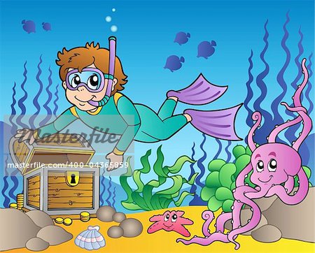 Diver exploring treasure in sea - vector illustration.