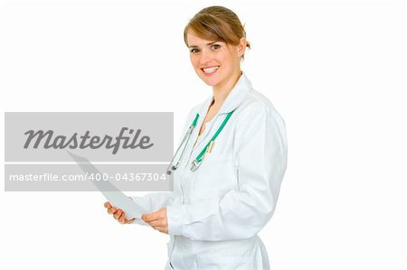 Smiling  medical doctor woman holding document in hands isolated on white