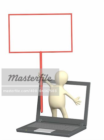 3d puppet with information board and laptop. Isolated over white