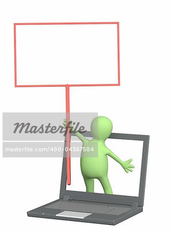 3d puppet with information board and laptop. Isolated over white