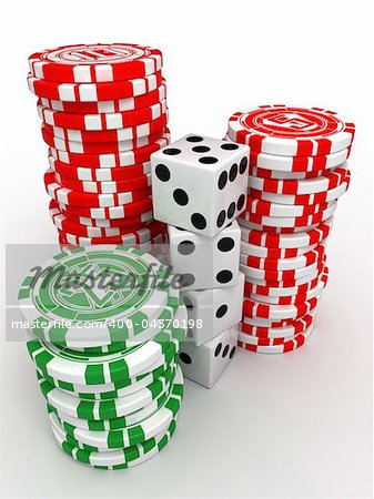 colored chips and cubes for gambling on the isolated background. The scene was generated by using three-dimensional graphics