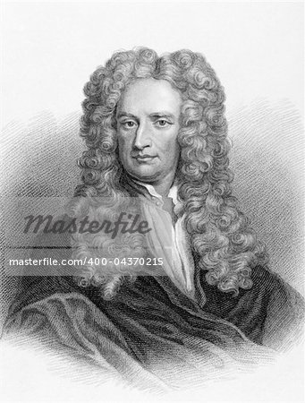 Isaac Newton (1643-1727) on engraving from the 1800s. One of the most influential scientists in history. Engraved by Freeman from the original painting by Sir Godfrey Kneller and published by Arch. Fullarton & Co Glasgow.