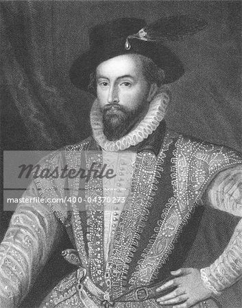 Walter Raleigh (1552-1618) on engraving from the 1800s. English aristocrat, writer, poet, soldier, courtier and explorer. Engraved by J. Pofselwhite and published in London by Charles Knight, Ludgate Street.