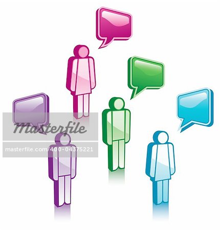 Vector illustration of people in discussion: 3d icons and bubbles; colorful; easy to edit; isolated on a white background; business and communication theme