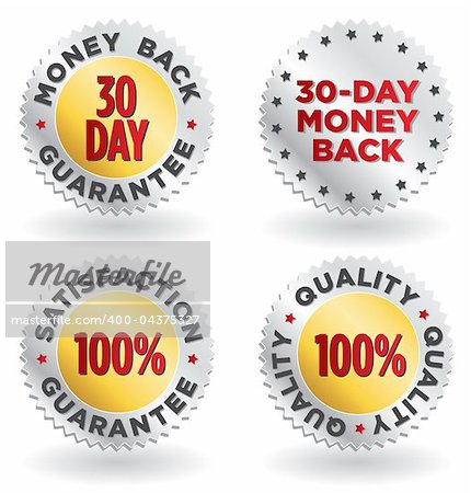 Vector illustration of four stylish labels / seals / signs in gold and silver for retail: Money Back Guarantee, 30-Day Money Back, 100% Satisfaction Guarantee, A Hundred Percent  Quality.