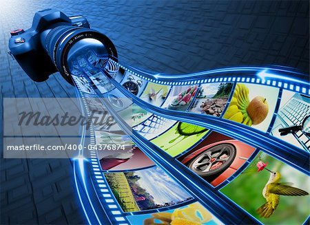 Professional Camera takes pictures. The film strip of pictures enter through the lens. Exclusive Design (Design Concept).