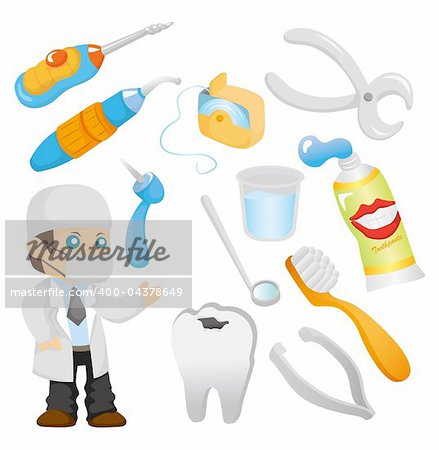 cartoon dentist tool icon set