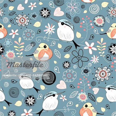 seamless floral pattern with birds on a blue background