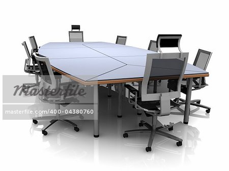 3D render of conference table and chairs isolated on a white background