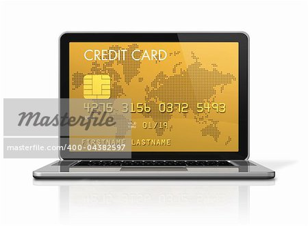 3D render of a gold credit card on a laptop screen- isolated on white with 2 clipping paths : one for global scene and one for the screen