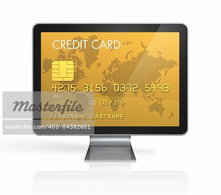 3D render of a gold credit card on a computer screen- isolated on white with 2 clipping paths : one for global scene and one for the screen