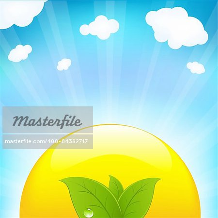 Sun With Beams And Sprout, Vector Illustration