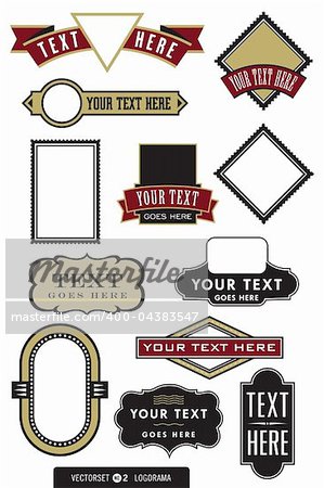 A wide selection of logo shapes and frames.  Easily editable vector illustrations. Change shapes and colors with the click of a mouse. Need a quick logo? Just drop your text into one of these babies and you're done!