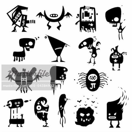 Collection of cartoon funny vector monsters silhouettes