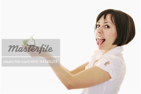 young business woman isolated on white holding green plant with small leaf and waiting to grow