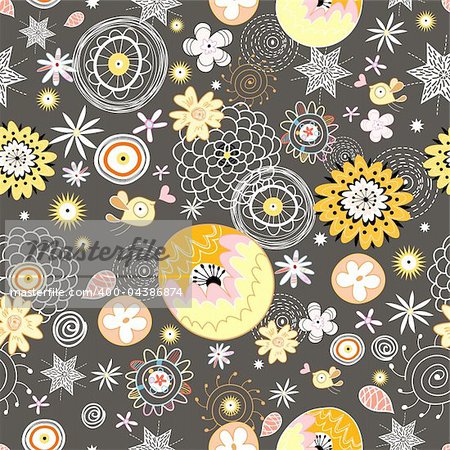yellow floral pattern with birds on a brown background