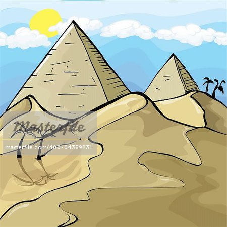Illustration of Egyptian Pyramids. Sky and sun behind