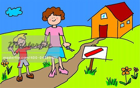 Large childlsh cartoon characters: Mother and son happy in front of their new house with blank sign by the road