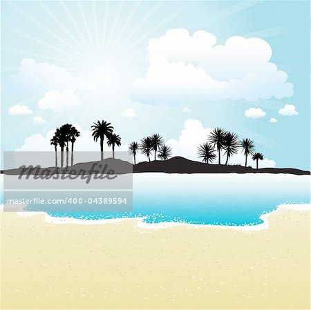 Silhouette of a tropical island against a sunny sky and beach