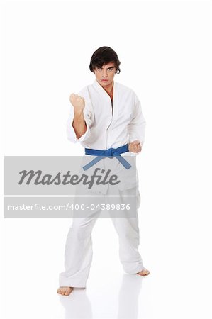 Karate. Man in a kimono , isolated on the white background