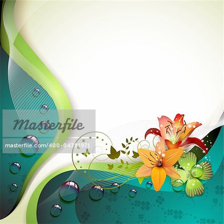 Background with lilies, clover and drops of water