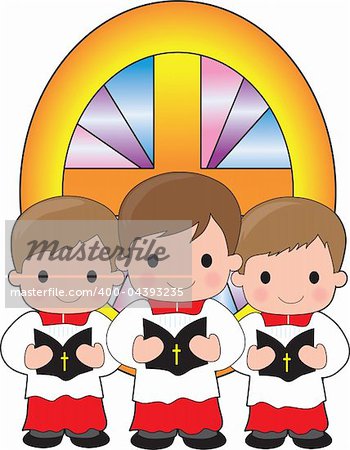 A trio of altar boys are holding bibles and standing in front of a stained glass window