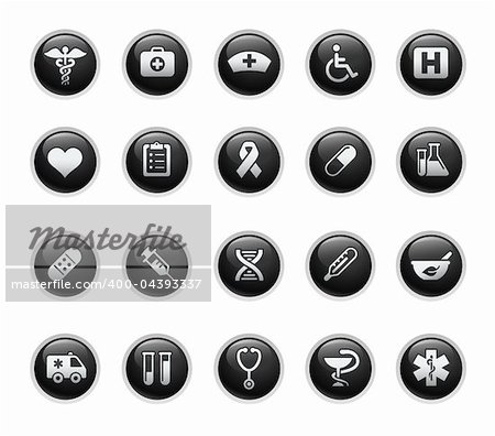 Vector icons set in glossy black buttons.
