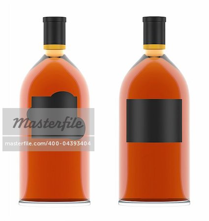 Whiskey Bottles with blank Labels isolated over white background. High quality render. Used special lighting setup to prevent unpleasant highlights.