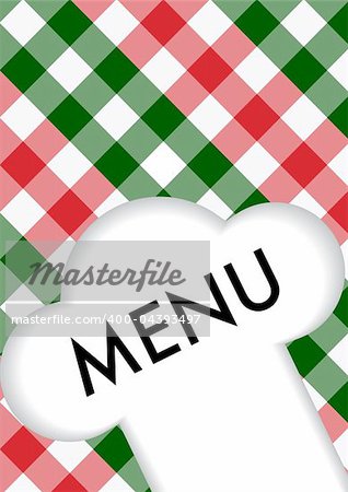 Menu Sign and Chef's Hat Symbol on Red and Green Gingham Texture