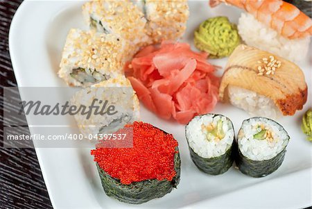 view of closeup japanese sushi set at plate