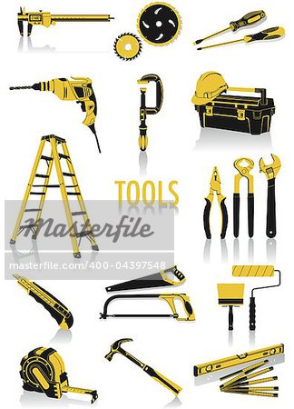 Two-tone silhouettes of tools, part of a new collection of lifestyle objects