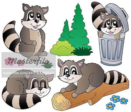 Cartoon racoons collection - vector illustration.