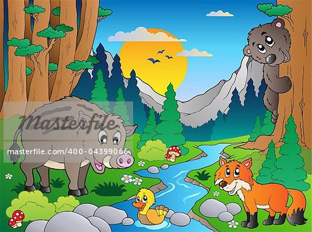 Forest scene with various animals 3 - vector illustration.