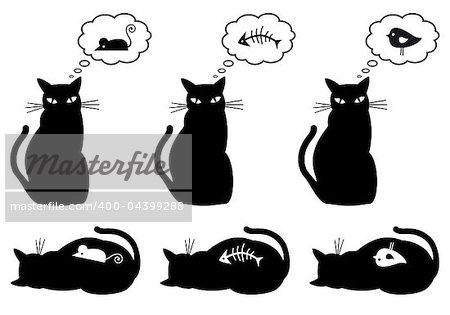 cat dreaming about eating, vector illustration