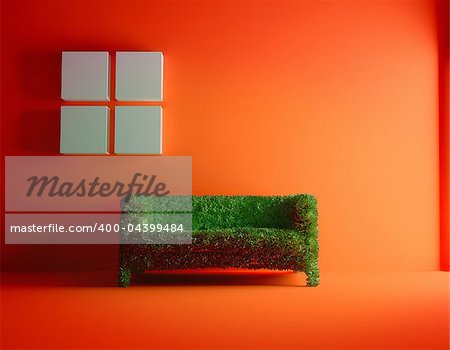 Modern sofa covered with bright green grass. Healthy lifestyle concept. (3d rendered. )