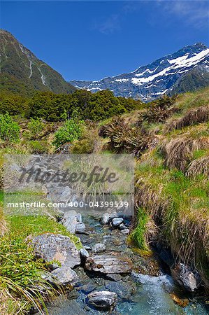 Mountain stream with snow capped mountains in the background in New Zealand
