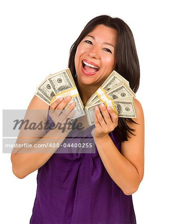 Excited Attractive Multiethnic Woman Holding Hundreds of Dollars Isolated on a White Background.