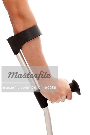 Arm of a man holds a crutch isolated on white background