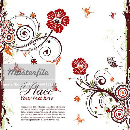 Grunge decorative floral frame with butterfly, element for design, vector illustration