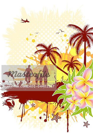 Summer frame with palm tree, dolphin, crab, family, vector illustration