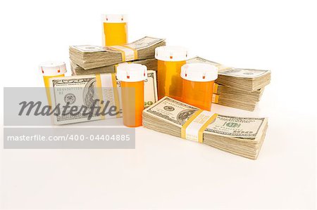 Empty Medicine Bottles and Stacks of Hundreds of Dollars on Reflective Surface.