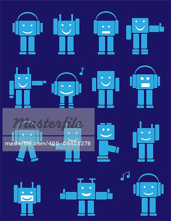Set of blue cute emotional robots. Cartoon