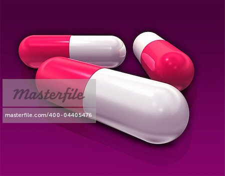 3D capsule pills isolated on purple background