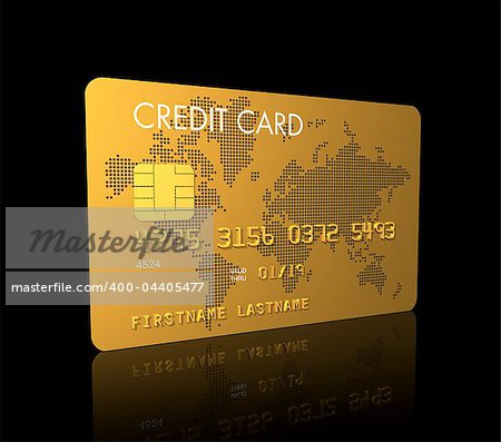 Gold credit card, 3D render isolated on black